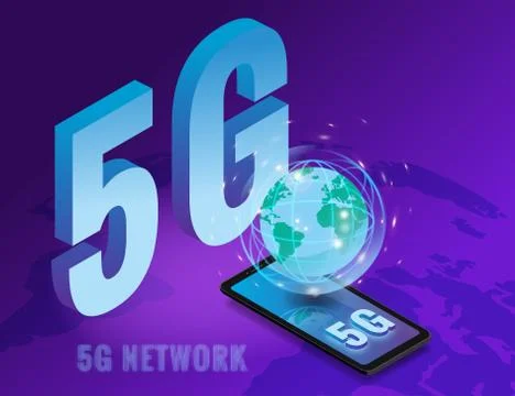 Isometric 5G network wireless technology template. Letters 5G smartphone with Stock Illustration