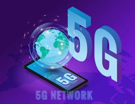 Isometric 5G network wireless technology template. Letters 5G smartphone with Illustrazione stock