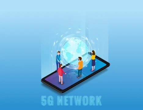 Isometric 5G network wireless technology template. Isometric smartphone with Stock Illustration