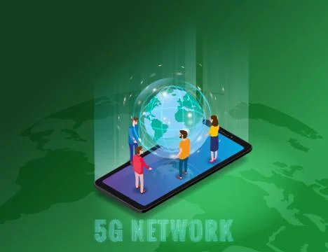 Isometric 5G network wireless technology template. Isometric smartphone with Stock Illustration