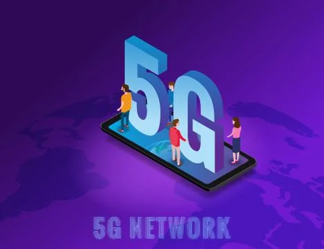 Isometric 5G network wireless technology template. Isometric smartphone with Stock Illustration