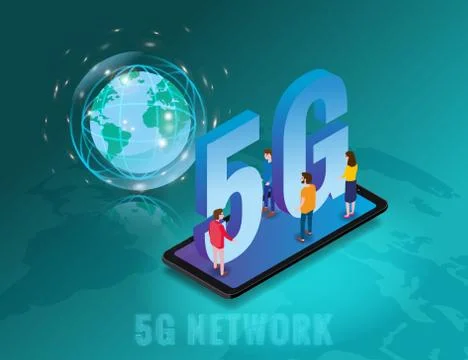 Isometric 5G network wireless technology template. Isometric smartphone with Stock Illustration