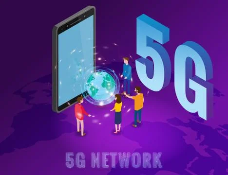 Isometric 5G network wireless technology template. Isometric smartphone with Stock Illustration