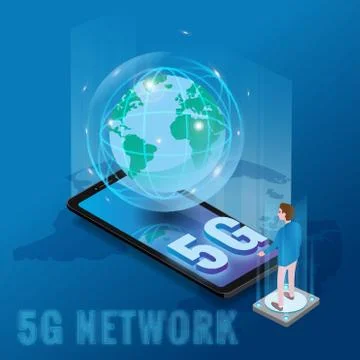Isometric 5G network wireless technology template. Isometric smartphone with Stock Illustration