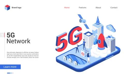 Isometric 5G telecom network technology vector illustration, cartoon 3d tech Stock Illustration