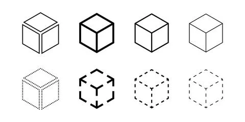 Isometric abstract cube vector icon set. Geometric block, box or brick logo.. Stock Illustration
