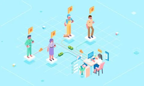 Isometric admin pays online payroll bills for employees in educational school Stock Illustration
