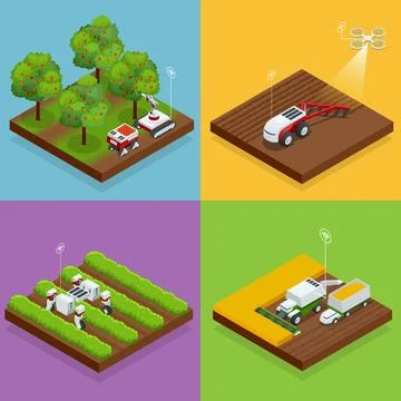 Isometric agriculture automatic guided robots harvest fruit from trees and Stock Illustration