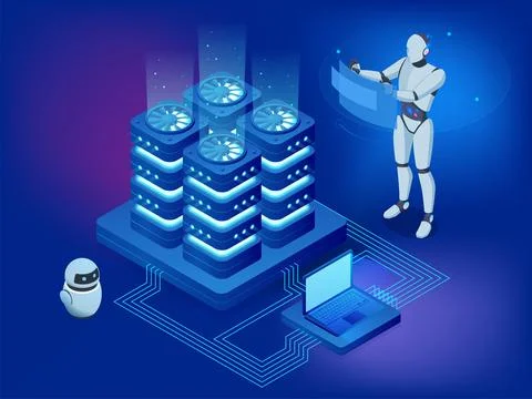 Isometric AI Artificial Intelligence. AI-powered robots simplify business 库存插图
