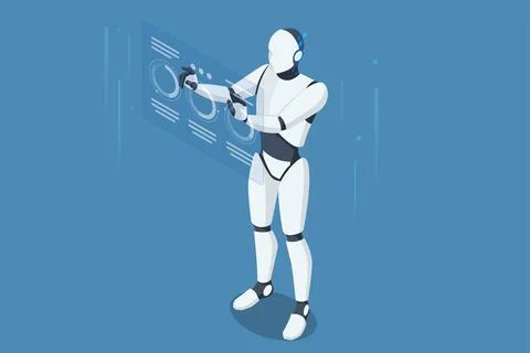 Isometric AI Artificial Intelligence. With AI, robots efficiently handle Illustrazione stock