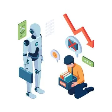 Isometric Ai Artificial Intelligence Replacing Human Worker Stock Illustration