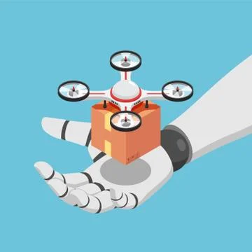 Isometric AI artificial intelligence robot hand holding quadcopter or drone w Illustrazione stock
