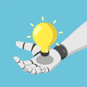 Isometric Ai artificial intelligence robot hand holding shining lightbulb Stock Illustration