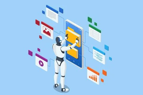 Isometric AI Artificial Intelligence. A robot equipped with artificial Stock Illustration