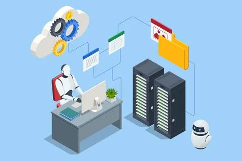 Isometric AI Artificial Intelligence. A robot equipped with artificial Illustrazione stock