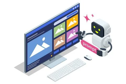 Isometric AI assistant to design a website or application on a large monitor Illustrazione stock