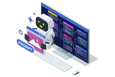 Isometric AI assistant to design a website or application on a large monitor Illustrazione stock