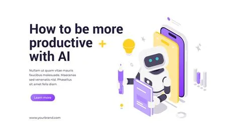 Isometric AI Banner Template with Robot and Smartphone for Productivity and.. Stockillustratie