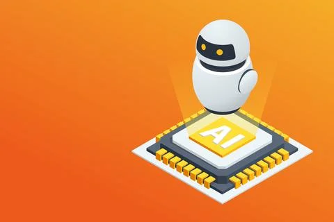 Isometric AI chat bot. Little Minimal Modern White Robot. AI chat bot talk Ilustração Stock