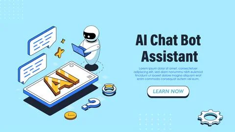 Isometric AI chat poster. Bot near smartphone. Artificial intelligence and Stock Illustration