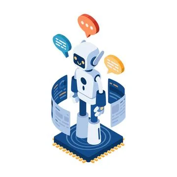 Isometric AI Chatbot or Robot on Computer Chip Stock Illustration