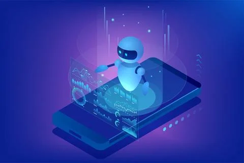 Isometric AI chatbot robot interacting with holographic data dashboards above a Stock Illustration