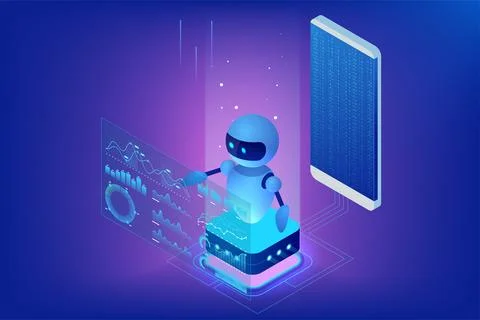 Isometric AI chatbot robot interacting with holographic data dashboards above a Stock Illustration