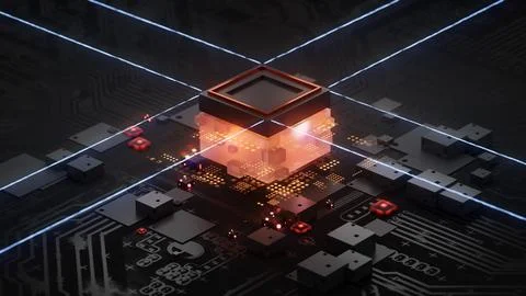 Isometric AI with cube on a dark circuit board background, illustration in th Stock Illustration