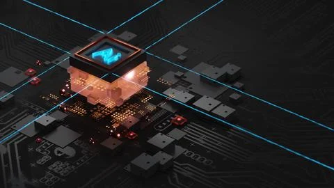 Isometric AI with cube on a dark circuit board background, illustration in th Stock Illustration