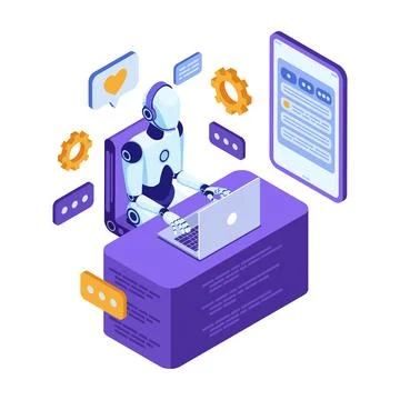 Isometric AI Customer Support Robot Assisting User via Mobile 스톡 일러스트