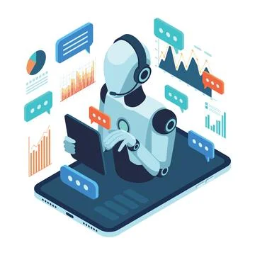Isometric AI Customer Support Robot Assisting User Illustrazione stock