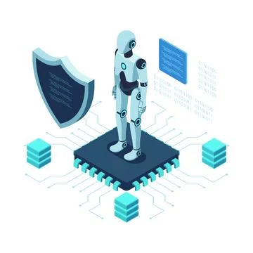 Isometric AI Cybersecurity Robot with Shield Protecting Data 스톡 일러스트