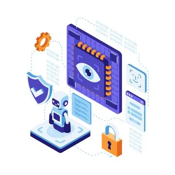 Isometric AI Cybersecurity System with Biometric Identification Method 스톡 일러스트