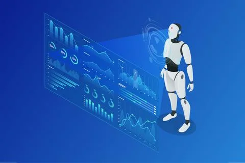 Isometric AI-Driven Workflow. Isometric humanoid robot analyzing data on Stock Illustration