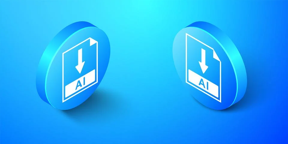 Isometric AI file document icon. Download AI button icon isolated on blue Illustrazione stock
