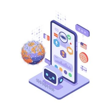 Isometric AI Language Learning App Dashboard With Chatbot Assistant Illustrazione stock
