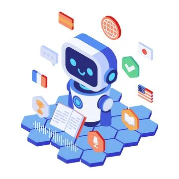 Isometric AI Language Learning Chatbot with Multilingual Learning Stock Illustration