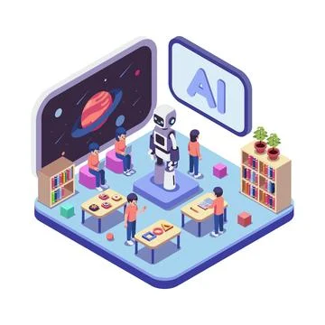 Isometric AI Learning Environment with Robot and Students Illustrazione stock
