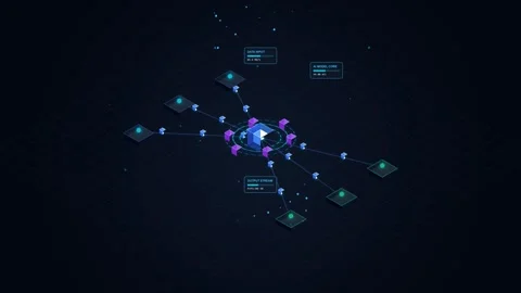 Isometric AI model core processing data input and output stream in digital Vídeos de archivo 344353567