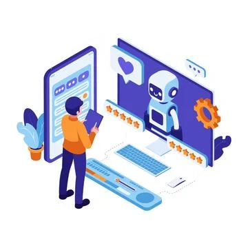 Isometric AI Powered Customer Support Interaction with User 스톡 일러스트