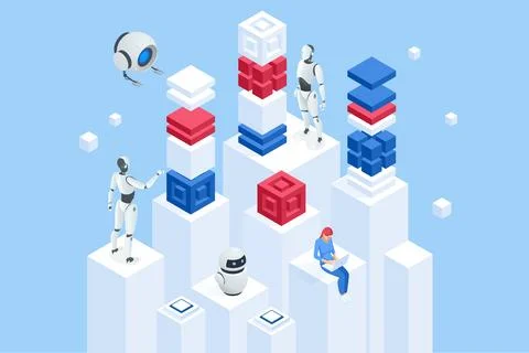 Isometric An AI-powered robot efficiently processes data for business analytics Stock Illustration