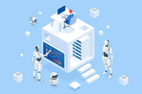 Isometric An AI-powered robot efficiently processes data for business analytics Stock Illustration