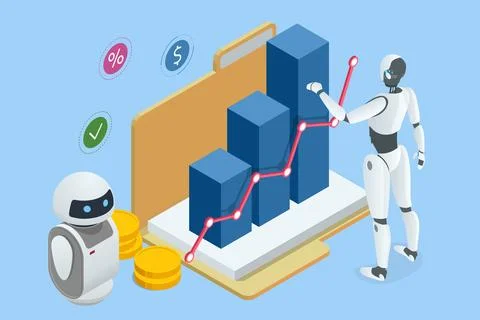 Isometric An AI-powered robot efficiently processes data for business analytics Stock Illustration