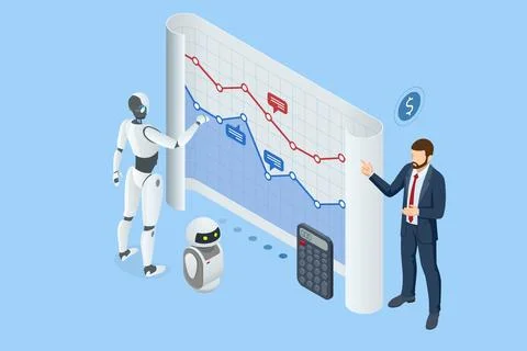 Isometric An AI-powered robot efficiently processes data for business analytics Stock Illustration