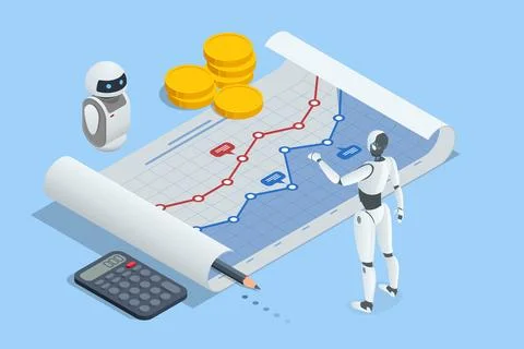 Isometric An AI-powered robot efficiently processes data for business analytics Stock Illustration