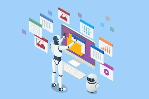 Isometric AI-powered robot ensuring information privacy through advanced Stock Illustration