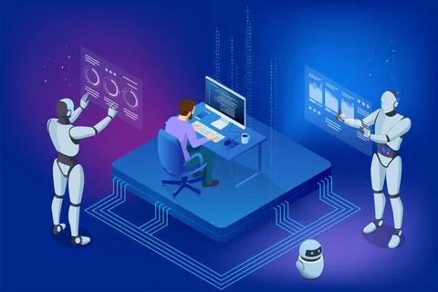 Isometric AI-powered robot ensuring information privacy through advanced 스톡 일러스트