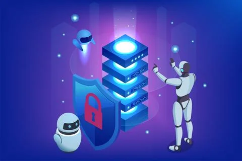 Isometric AI-powered robot ensuring information privacy through advanced Stock Illustration
