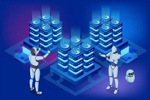 Isometric AI-powered robot ensuring information privacy through advanced Stock Illustration