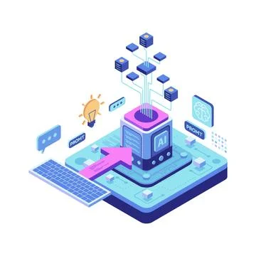 Isometric AI Processing Data and Prompt Engineering 스톡 일러스트